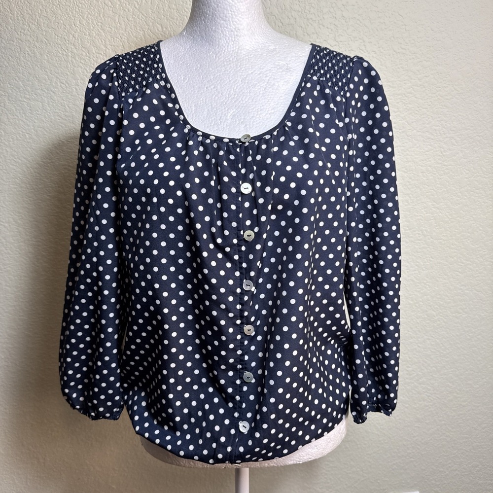 The Limited Blouse Small Women Blue White Dot Pleated Shoulder Long Sleeve Shirt